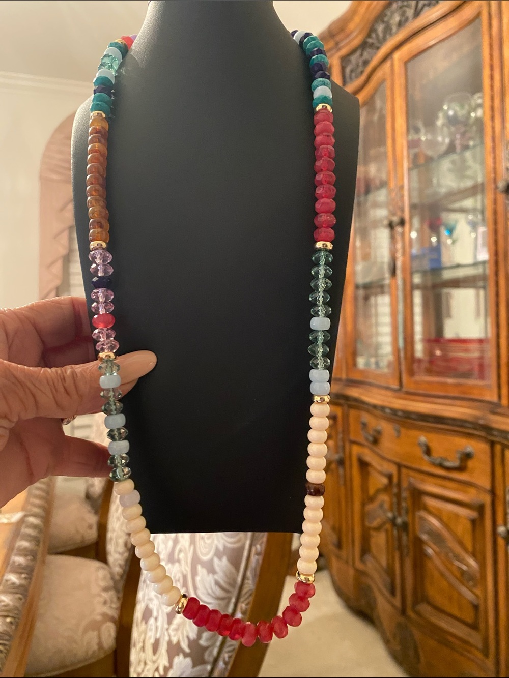 Multicolor Beaded Women's Necklace - Pink, Cream, Teal, Red Accents